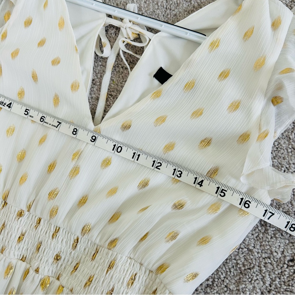 Lulus Cause to Celebrate White & Gold Dot Ruffled Tiered Midi Dress SizeM Magic - Picture 11 of 12